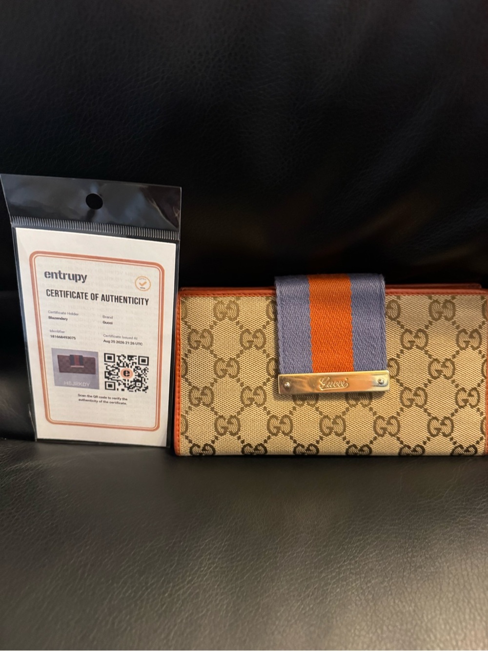 Gucci Beige GG Canvas Continental Wallet with Orange & Blue Stripe-COA included